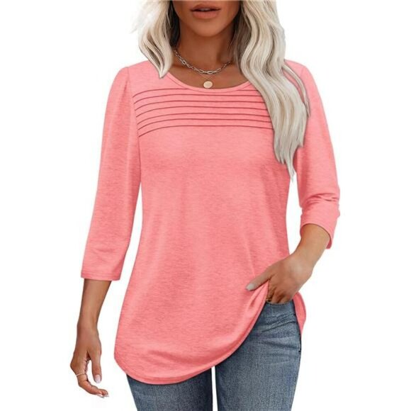 Womens 34 Sleeve Pleated Blouse Casual Dressy Tops Curved Hem Spring Summer - Picture 1 of 6